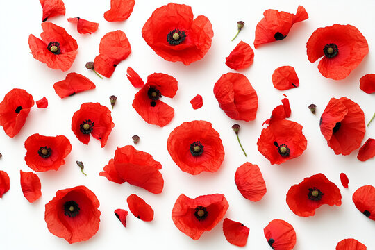 scarlet poppies on white background, background for postcards, ads, graphic resources with empty space for text