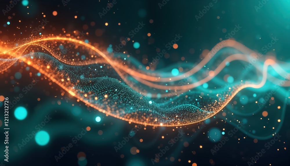 Fototapete abstract digital data flow. dynamic particles flow in turquoise, orange. futuristic tech concept. da
