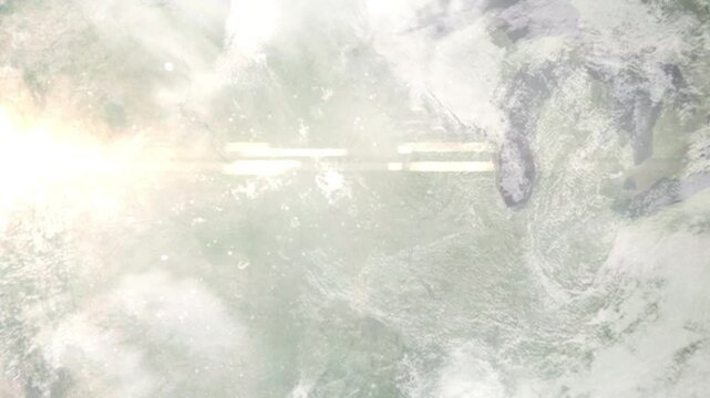 Earth zoom in from space and focus on Ames, Iowa, USA. Background for travel blog or intro. Satellite view. 3D style animation. Images from NASA.