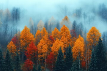 misty autumn forest landscape where golden and crimson leaves create a magical atmosphere enveloping the scene in a serene embrace of natures beauty