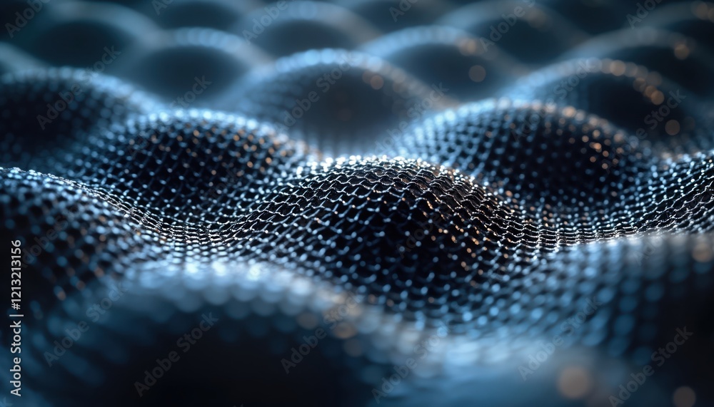 Poster Abstract metallic mesh forming wave patterns. 3D metal hexagonal structure looks like graphene neural network. Modern graphic design with futuristic tech, scientific concepts. Pattern evokes ideas of
