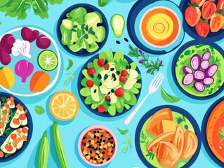 A vibrant display of healthy vegetarian meals, featuring a variety of colorful vegetables and grains, emphasizing balanced nutrition and wellness