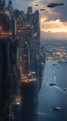 Fototapeta premium Futuristic dystopian cityscape with towering skyscrapers illuminated by the colorful glow of the setting sun Hovering spacecraft and UFOs fill the sky