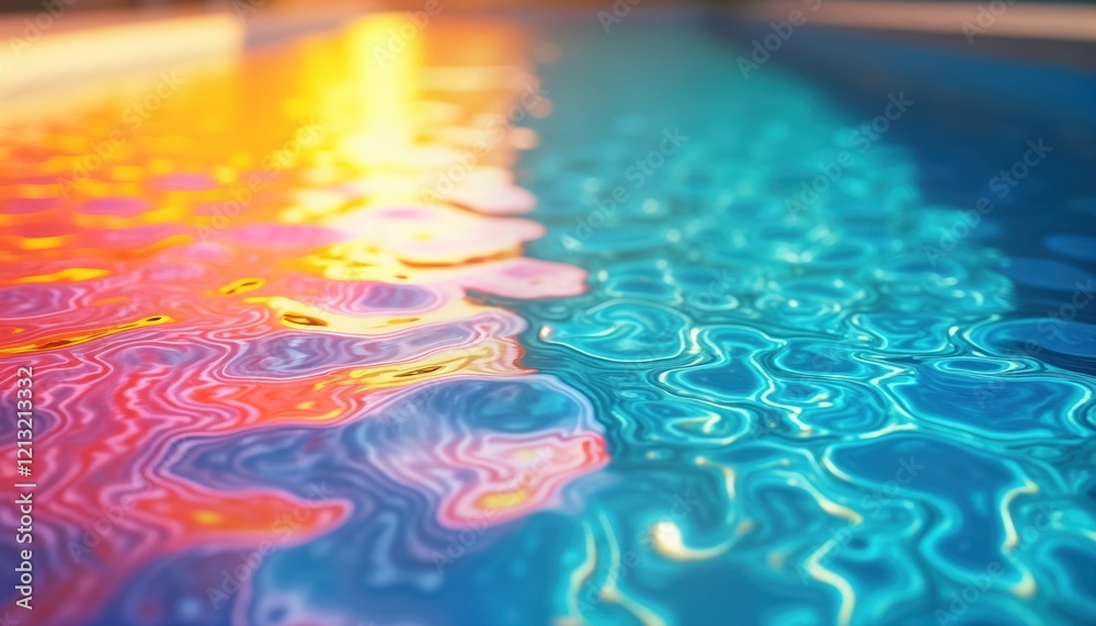 Poster Vibrant swimming pool water surface displays spectrum of rainbow colors. Ripples, reflections create airy atmosphere. Sunbeams shine through water creating bright summer scene. Relaxing aquatic scene