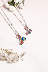 Close up of a silver necklace