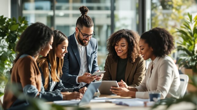 Diverse team collaborating in modern office with digital devices and smiling faces
