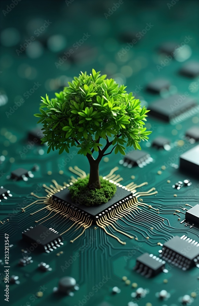 Aufkleber Small green tree grows on computer circuit board. Eco-friendly tech concept. Green computing. Environmentally responsible. Sustainable innovation. Green energy efficient future. Tech, nature