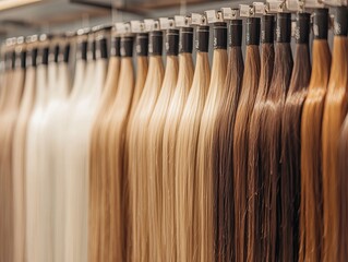 Close-Up of Hair Extensions in Various Shades on Display at a Hair Salon
