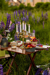 Simple countryside beautiful wedding decor, surprise romantic date outdoors, garden arrangement with lupins flowers on a meadow. Fruits, rose wine, burning candles. Sunset, candlelight, golden hour.