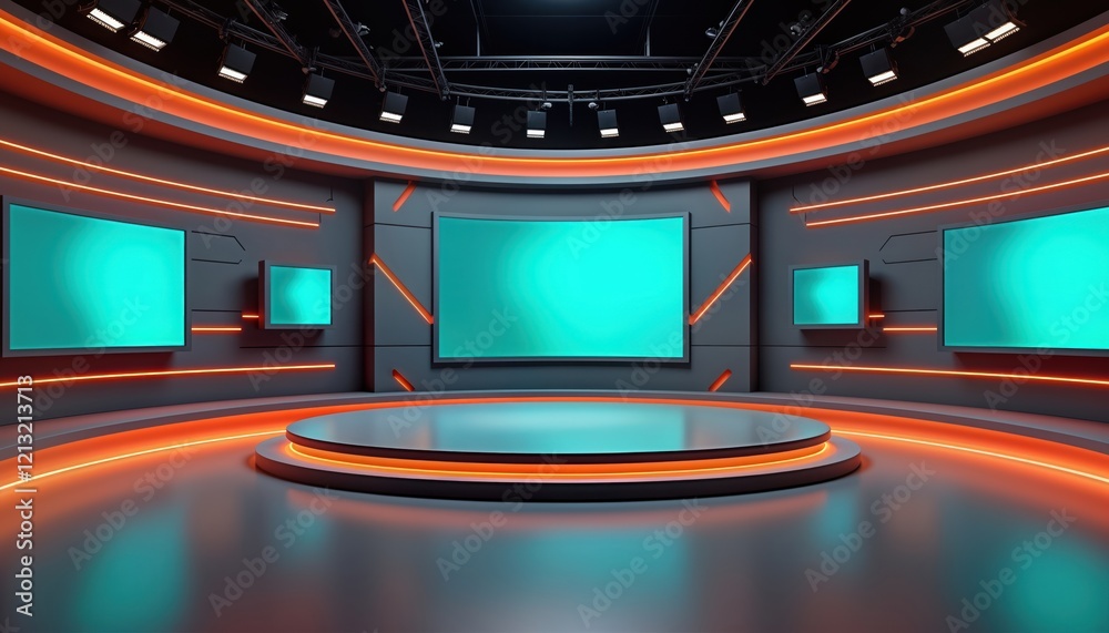Poster modern virtual studio background. empty tv news studio with bright screens. circular stage with oran