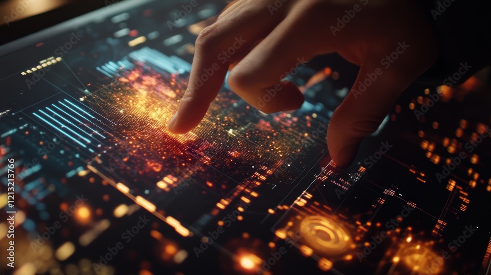 Poster close up of a hand interacting with a high tech screen displaying intricate data visualizations, sug
