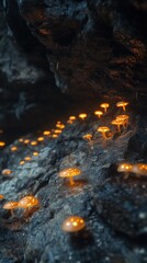 Captivating cluster of bioluminescent mushrooms glowing on the lush moss covered forest floor creating an otherworldly and serene atmosphere in the enchanted hidden realm beneath the trees