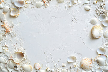 Fototapeta premium Seashells, corals and starfish on clean white background. Summer concept. Nautical pattern pastel colored. flat lay trend layout shells, sea stars, minimal style composition