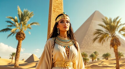 Ancient egyptian queen in desert with pyramids and hieroglyphs