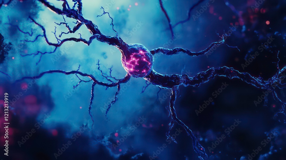 Fototapete microscopic view of a neuron with glowing soma and branching dendrites in a dark, vibrant background
