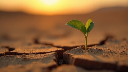 A small green sprout emerges from cracked, parched soil, symbolizing the resilience of nature and the fight against climate change. Concept of combating desertification