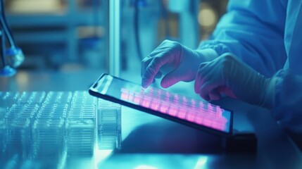 Medical scientist wearing protective clothing using tablet computer analyzing medical samples in modern laboratory, performing innovative scientific research and developing new treatments