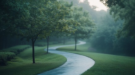 Winding path, misty park, sunrise, calm scene, nature imagery