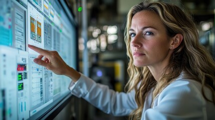 Scada engineers operator controller working with data base from Scada system on computer screen at green power plant factory.