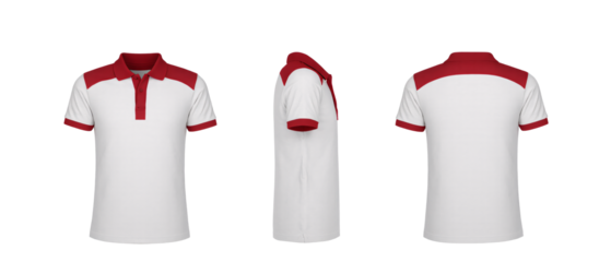 red collar polo tee shirt set with front, back, and side views cutout in a white background. A mockup template for graphic design artwork.