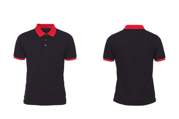 red collar polo tee shirt set with front, back, and side views cutout in a white background. A mockup template for graphic design artwork.