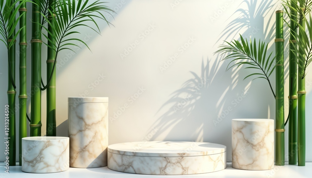 Poster empty display platform with marble podiums. green bamboo, palm tree leaves cast shadows on white bac