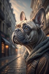 Fototapeta premium French bulldog in european city 