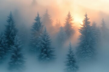 misty winter forest at dawn snowladen pine trees emerging from dense fog soft golden sunlight filtering through branches ethereal atmosphere