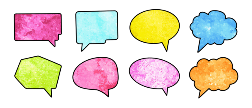 set water color black paper comic speech bubbles. Hand drawn retro cartoon stickers. Pop art style, white background