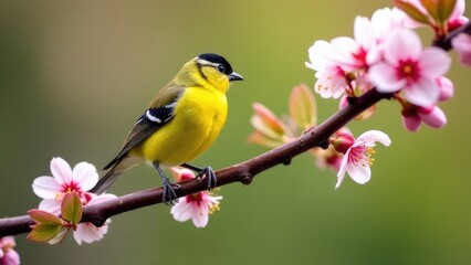 Fototapeta premium A small yellow tit bird sits on a branch of a blossoming cherry and apple tree in the garden. Spring background