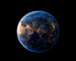 Night Earth, Asia lit, space background, global view.
