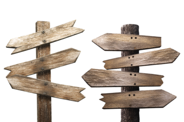 Set of weathered wooden signposts in sand, cut out