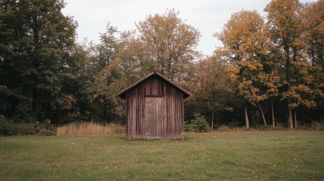 Rustic wooden shed in autumnal forest clearing.