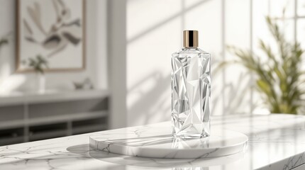 Elegant geometric crystal perfume bottle on marble surface in sunlit room