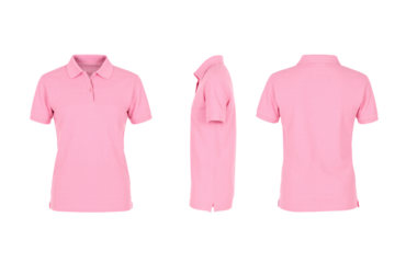 pink collar polo tee shirt set with front, back, and side views cutout in a white background. A mockup template for graphic design artwork.