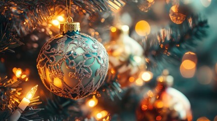 Teal Ornament on Christmas Tree with Lights