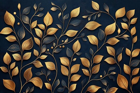 Fototapeta Elegant floral organic texture wallpaper illustration featuring intricate gold line art leaves on a dark, mysterious background with a seamless repeating pattern