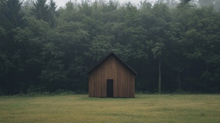 Obraz premium Small wooden cabin in misty forest clearing.
