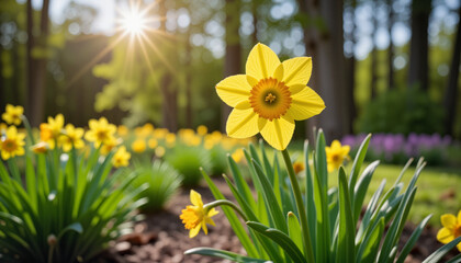 Single yellow daffodil in sharp focus amidst blooming flowers in a sunlit garden