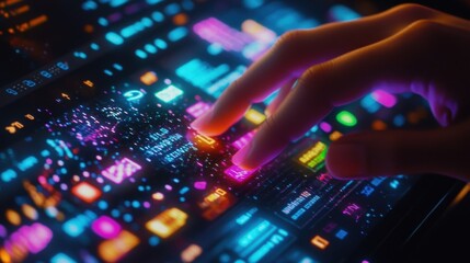 Obraz premium Close up of a disc jockey's hand interacting with a futuristic, colorful virtual interface mixer console, adjusting settings and playing electronic music in a vibrant, high tech environment