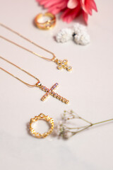 Closeup of a gold neckacle