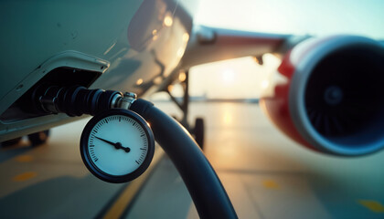 Aircraft refueling process on tarmac. Fuel hose connected to aircraft. Meter gauge indicates fuel level. Aviation maintenance operation. Ground service in progress. Airport scene. Jet plane gets fuel