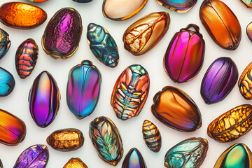 Fototapeta premium A seamless pattern with minimalistic holographic iridescent rainbow neon beetles - Glowing mirror rainbow bugs background 
