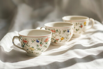 Fototapeta premium flat lay of vintage cups on the white tablecloth