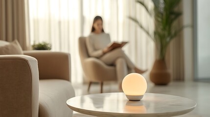 A minimalist and modern living room setting with a woman sitting on a armchair, reading a book, and a round table in the foreground. 