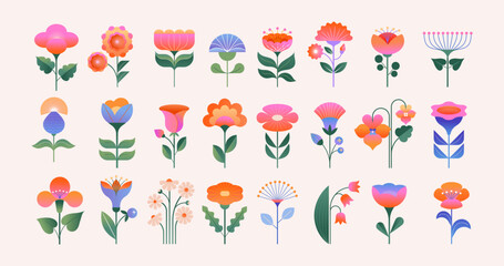 Pastel colors blooming flowers and leaves icons in flat folk geometric style. Spring, Easter, Summer theme.