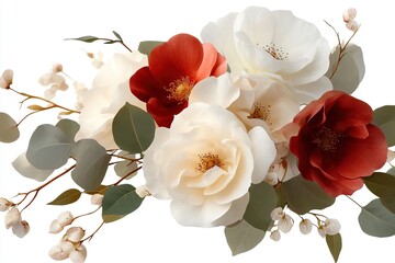 Fototapeta premium Beautiful floral arrangement featuring red, white, and blush roses with green leaves and accents