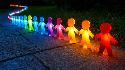 Harmony Day Understanding Friendship Love Colorful paper figures on a lit path.