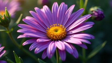 Obraz premium A vibrant purple aster with slender petals surrounding a yellow center. The flower’s star-like shape contrasts beautifully with dark green leaves, glowing vividly in soft sunlight for an eye-catching 
