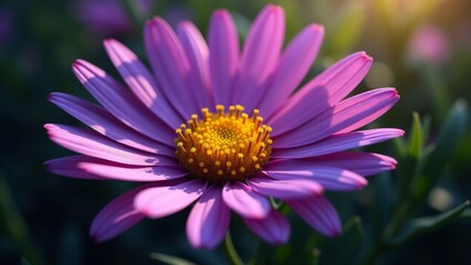 Obraz premium A vibrant purple aster with slender petals surrounding a yellow center. The flower’s star-like shape contrasts beautifully with dark green leaves, glowing vividly in soft sunlight for an eye-catching 